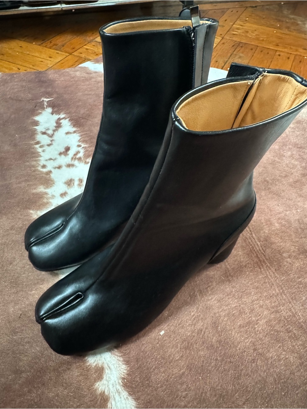 Black Split-Toe Leather Ankle Boots